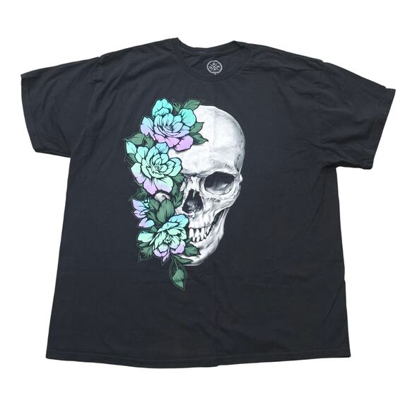Dom Skull Colorful Flowers Short Sleeve Graphic T-Shirt Tee - Picture 1 of 7
